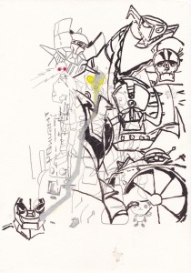 MazingerZ, Doublas M2, Garada K7, Belgas V5, Balanger M2 y Glossan X2. Héroe y brutos mecánicos juntos en un dibujo monocromo, blanco y negro... con solo 3 notas de color un amarillo ojo de ultraman, un plateado metálico de aleación Zeta y unos coloretes rojos Sayakianos.